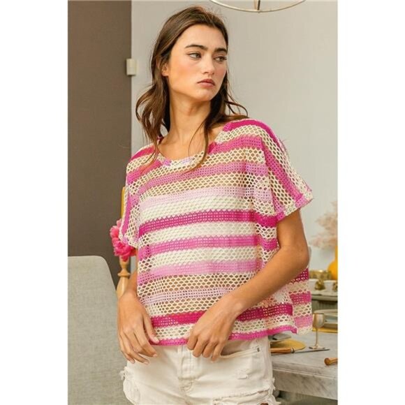 ✨NWT BiBi Striped Openwork Short Sleeve Knit‎ Cover Up - Picture 3 of 4